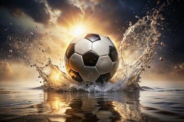 Naklejka premium Soccer Ball Sunlight Glow, Water Splash, Industrial Fashion Photography