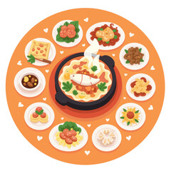 Festive banquet with fish centerpiece and side dishes