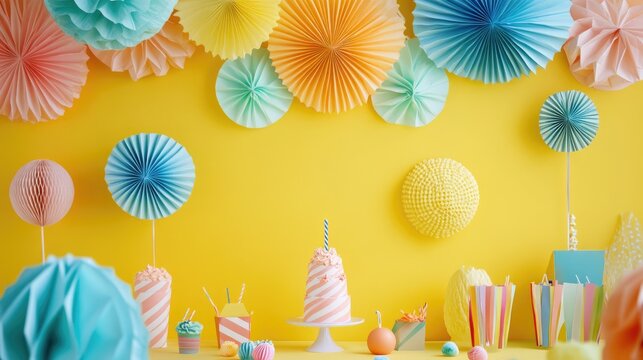 Bright party decorations on a yellow backdrop