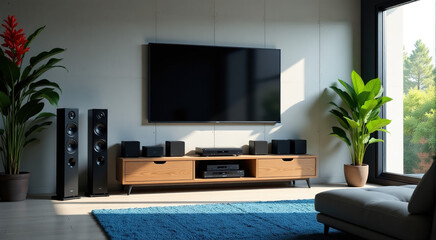 Modern living room interior with home theater system, large TV and stylish furniture. Natural light streams through a large window, creating a calm and relaxing atmosphere.