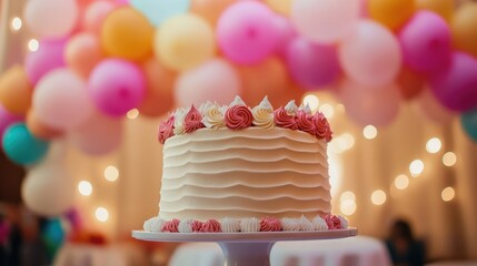 Cake with balloons in the background for celebrations and events.