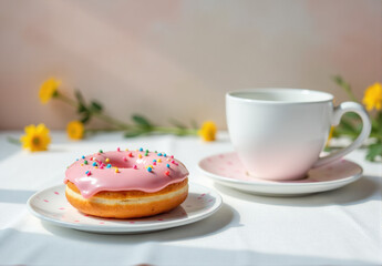 Closeup of a pink donut with sprinkles on a plate next to a cup of tea and flowers.