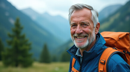 Happy senior man hiking in the mountains.  Smiling portrait of an active older adult enjoying nature.