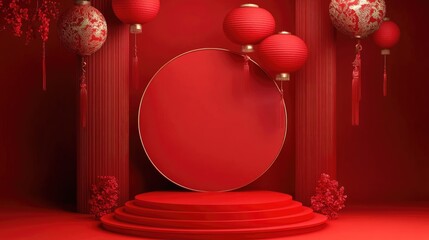 Chinese New Year podium on red abstract background, pedestal stage with copy space. Gong Xi Fa Cai. Basic stage.