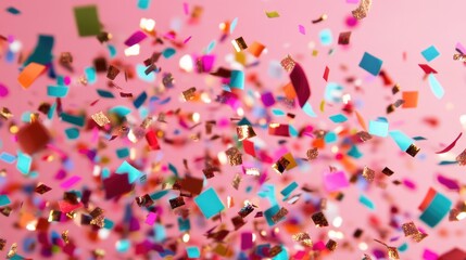 Obraz premium Colorful confetti shimmers against pink backdrop for festive occasions.