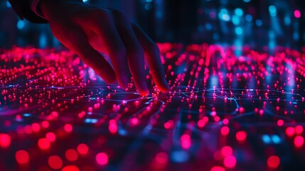 A hand is touching illuminated digital data network nodes