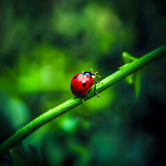 Ladybug on green stem, lush forest background; nature photography for website or print