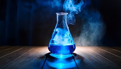 Dynamic laboratory scene featuring a flask with a vibrant, glowing reaction swirling inside, accompanied by gently rising smoke and shifting light patterns across the glass