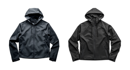 Set of black waterproof hooded jacket isolated on transparent background, in PNG format, cut out