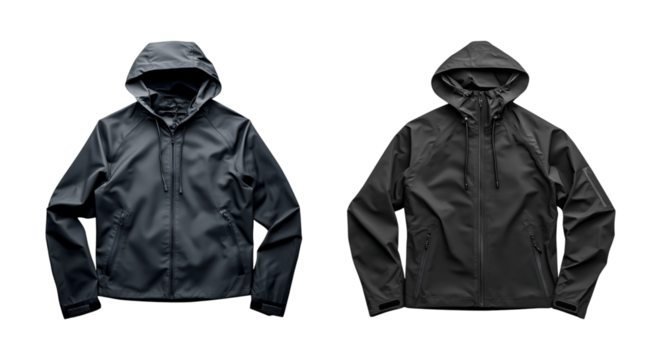 Set of black waterproof hooded jacket isolated on transparent background, in PNG format, cut out