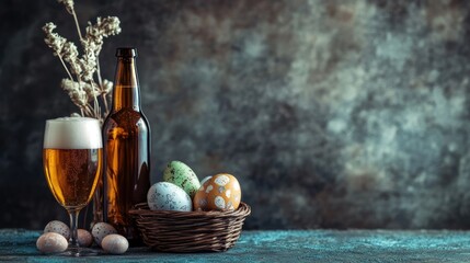Obraz premium Easter-themed composition with beer, eggs, bunny toy on copy space background