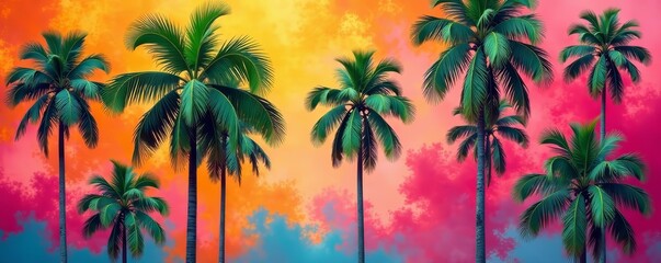 Seamless pattern of palm trees on vibrant background, foliage, exotic