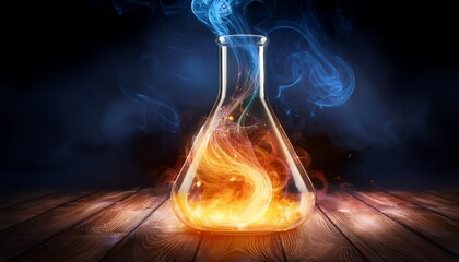Dynamic laboratory scene featuring a flask with a vibrant, glowing reaction swirling inside, accompanied by gently rising smoke and shifting light patterns across the glass