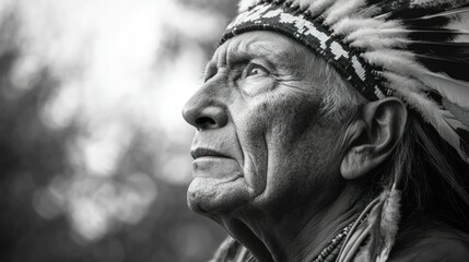 Portrait of a senior person with a feathered headdress looking thoughtfully ahead