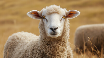 Fototapeta premium Portrait of a sheep with curly wool standing in a rural field background