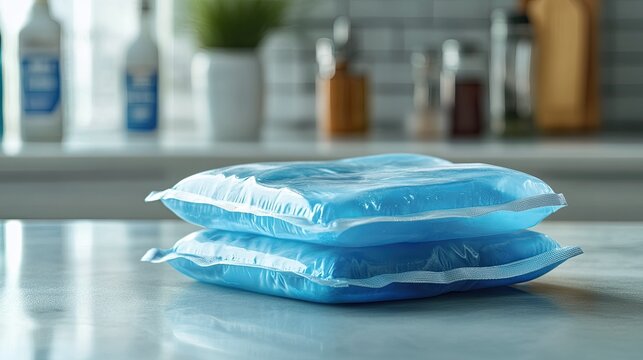 Two stacked ice packs are placed upon a smooth surface