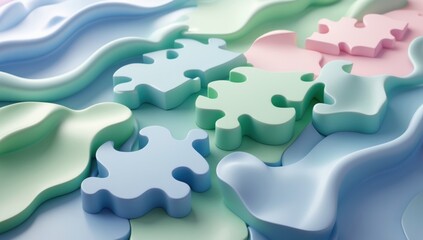 Colorful abstract puzzle pieces arranged on a smooth surface in soft pastel colors, creating an artistic and playful background in a creative workspace environment