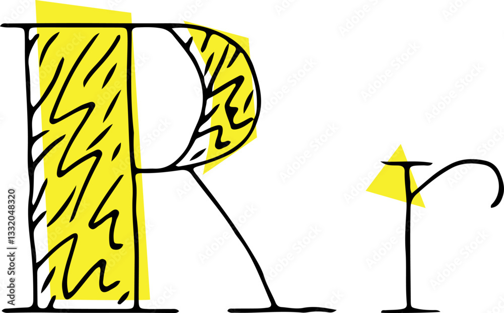 Fototapete capital letter r and lowercase letter hand drawn in black with shaded capital letter with yellow fil