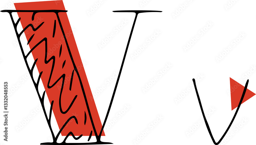Fototapete capital letter v and lowercase letter hand drawn in black with shaded capital letter with red fills 