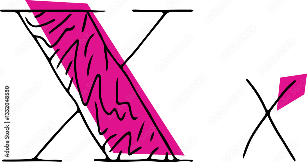 Fototapete capital letter x and lowercase letter hand drawn in black with shaded capital letter with pink fills