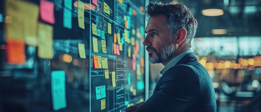 A focused professional analyzes colorful sticky notes on a glass board in a vibrant workspace, illustrating teamwork and project management.