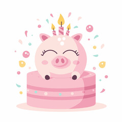 Pink Piggy Bank on Birthday Cake with Candles and Confetti