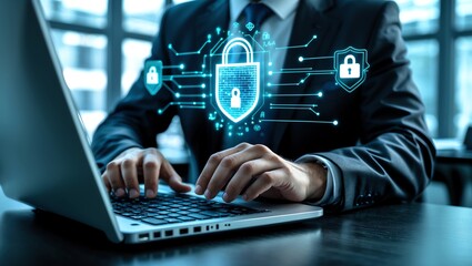 Network Security Background with Businessman Using a Laptop