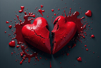 A broken red heart with red glaze spilling onto a dark background.  Conceptual image for heartbreak or loss.