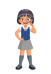 Happy Asian girl looking through a magnifying glass. Cartoon vector illustration.