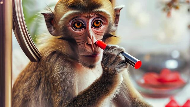 A playful monkey holds a lipstick and curiously examines it, showing an endearing moment filled with personality and charm