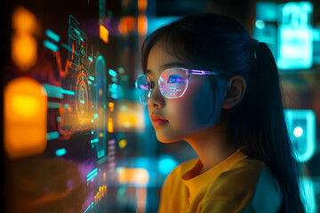 Asian young girl engaging with futuristic interactive screen display