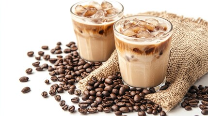 Latte ice coffee and coffee beans displayed on sack against white background for drink concept.