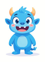 Obraz premium Smiling blue cartoon monster with horns and a tail