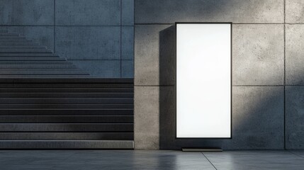 Mock-up digital display and stairs beside concrete wall for advertising poster.