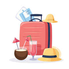 Obraz premium Summer Holiday: Suitcase, Cocktails, Hats and Travel Documents