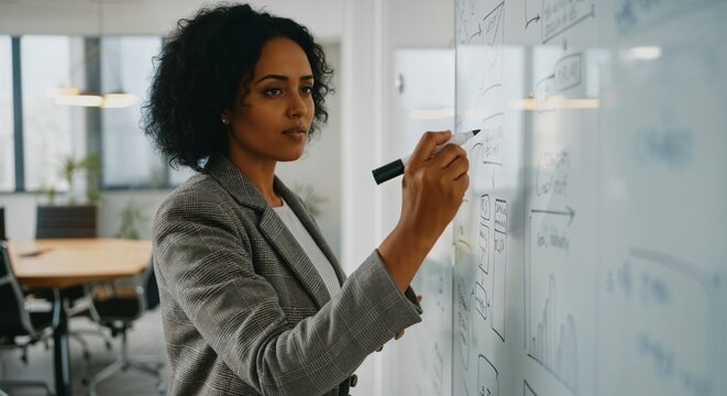 Focused Ethiopian entrepreneur writing key business concepts on a glass board. She wears a checkered blazer and looks determined, surrounded by an innovative and collaborative workspace.