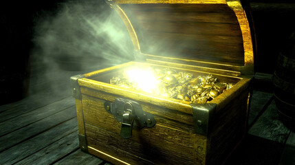 Glowing gold coins in an antique wooden chest, dimly lit dark room, treasure concept, ideal for fantasy game or adventure story