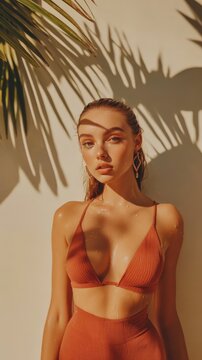 Woman in sunlit bikini with palm shadows against beige wall