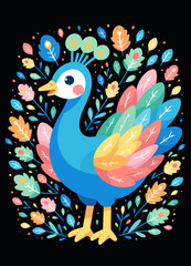 Fototapeta premium Whimsical Blue Peacock with Floral Accent on Black