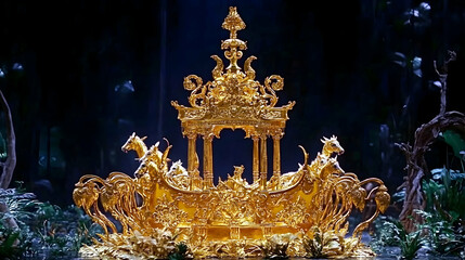 Obraz premium Golden chariot art piece displayed in dark, lush setting; website banner, luxury, opulence
