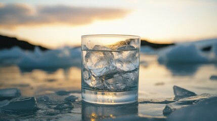 A glass of clear water filled with large ice cubes