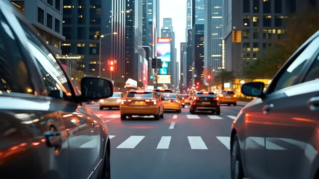 Close-up of a taxi waiting at a red light in a city