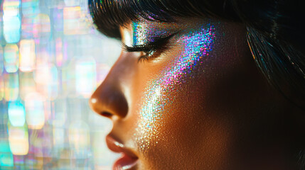 Portrait of a young woman with iridescent highlights reflecting vibrant colors in soft lighting