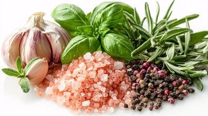 Fresh herbs spices salt and garlic arranged on a white surface