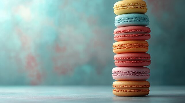 Colorful Stack of Pastel Macarons on Teal Background Delicious French Pastry Sweet Treat - Powered by Adobe