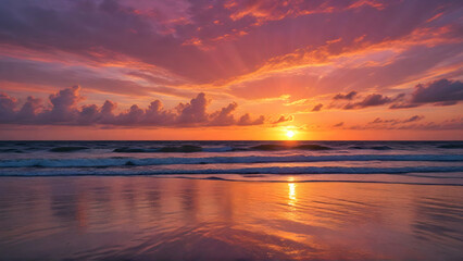 Obraz premium A vibrant sunset the sky with orange and red hues, reflecting beautifully on the tranquil water of sea