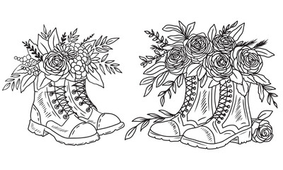 Beautiful bouquet with rose flowers and branch with leaves in autumn winter boots with laces in black on white. Hand drawn vector sketch illustration in doodle engraved vintage line art style