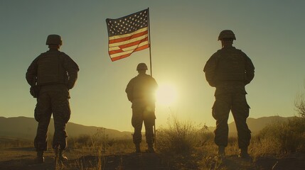 Veterans Day tribute, military soldiers standing tall with an American flag fluttering in the wind