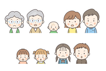怒り顔のさまざまな世代の上半身イラストセット

