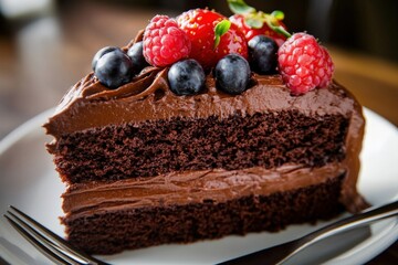 Delicious chocolate cake slice topped with fresh berries on a white plate Generative AI